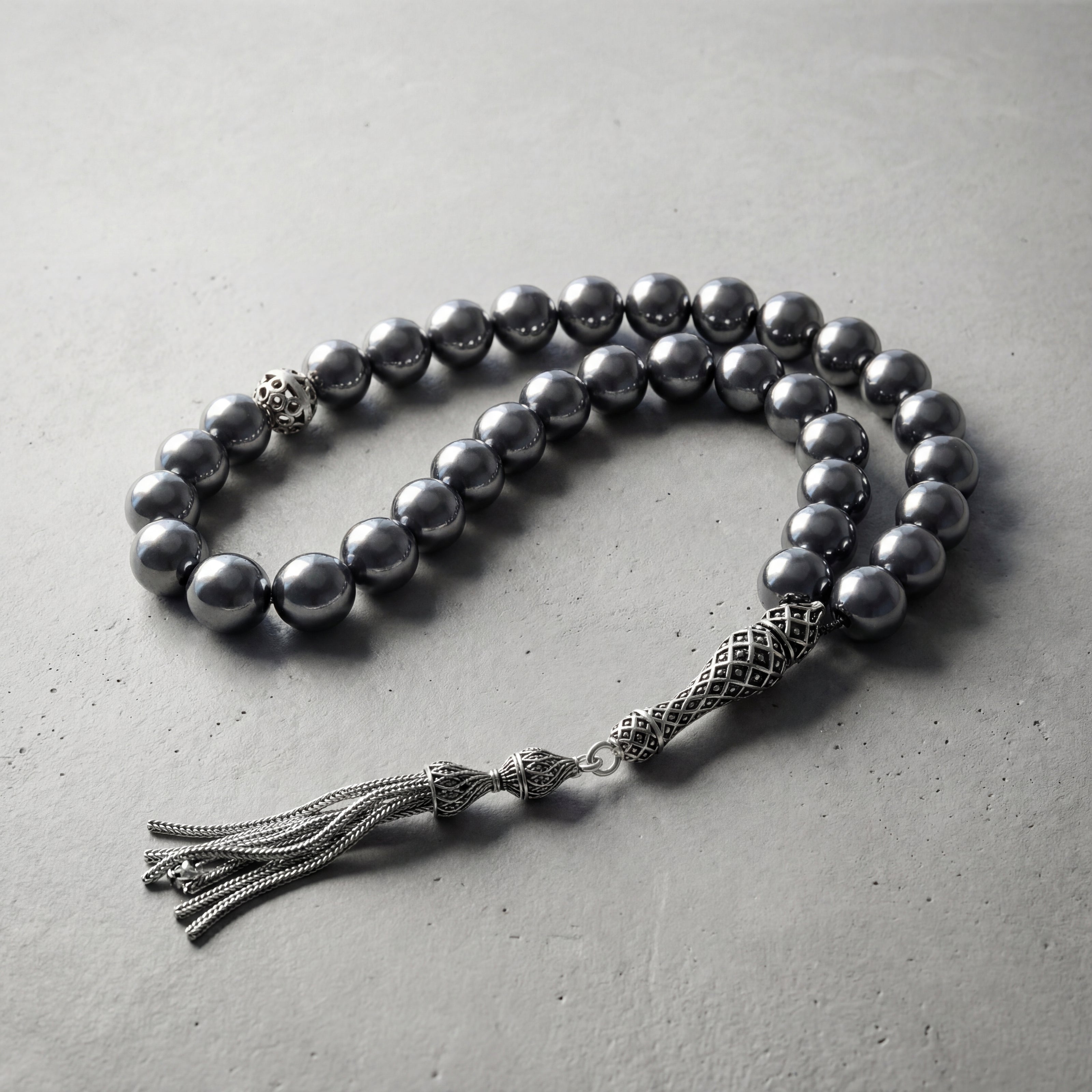 Terahertz Doğal Taş Tesbih – 925 Ayar Gümüş – 10 mm Küre Kesim