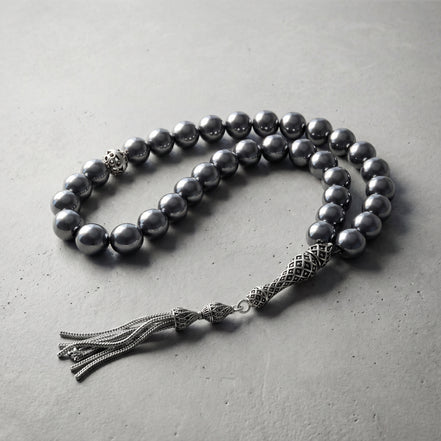 Terahertz Doğal Taş Tesbih – 925 Ayar Gümüş – 10 mm Küre Kesim