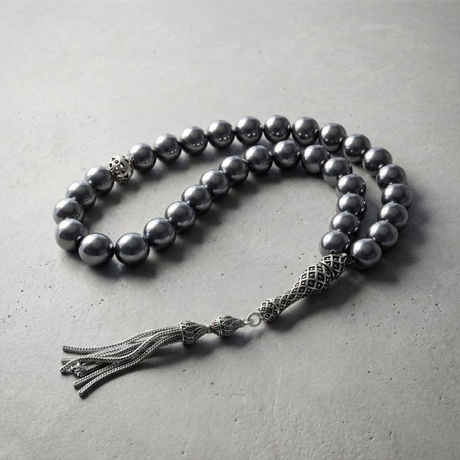 Terahertz Doğal Taş Tesbih – 925 Ayar Gümüş – 10 mm Küre Kesim