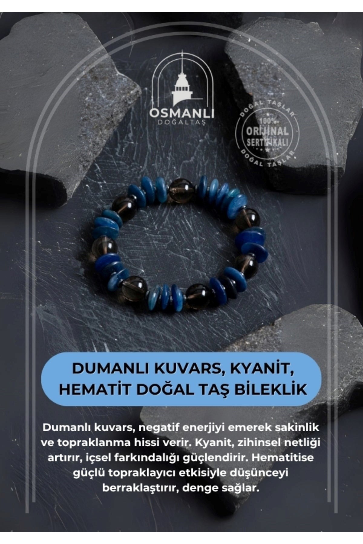 Sertifikalı Dumanlı Kuvars, Kyanit, Hematit Doğal Taş Bileklik