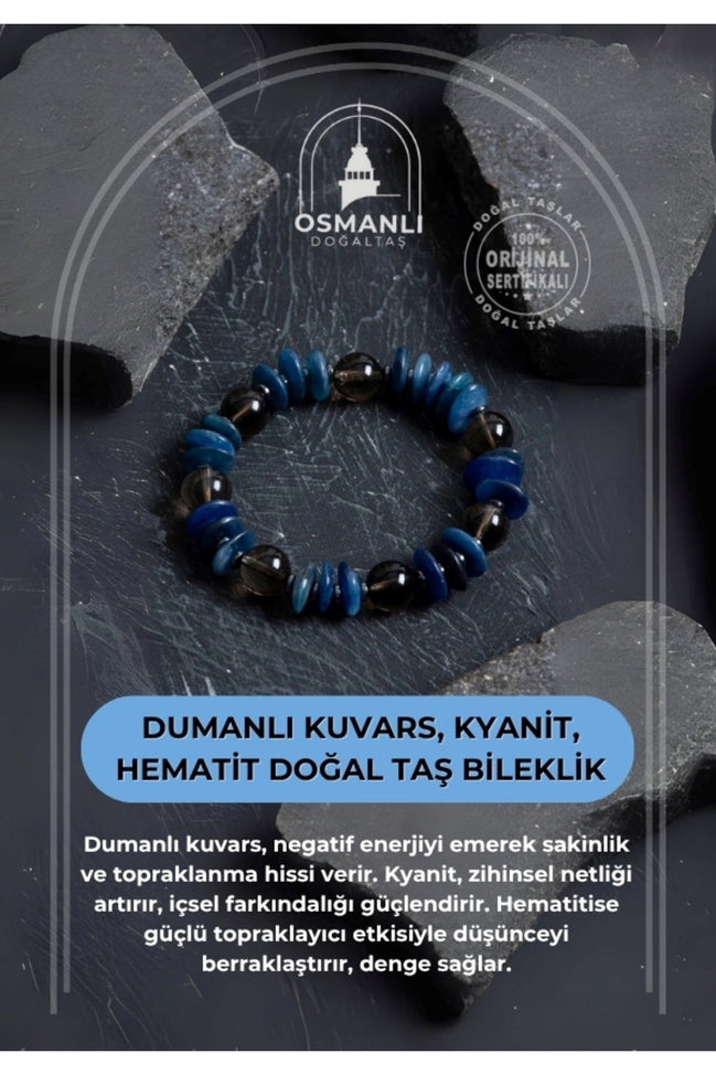 Sertifikalı Dumanlı Kuvars, Kyanit, Hematit Doğal Taş Bileklik