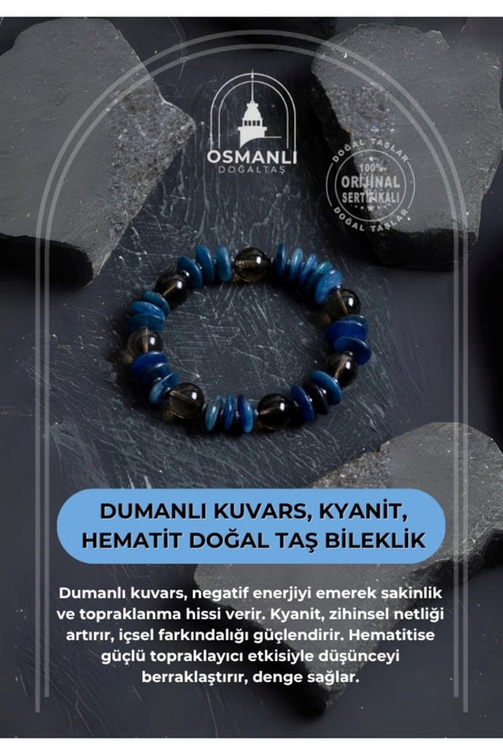 Sertifikalı Dumanlı Kuvars, Kyanit, Hematit Doğal Taş Bileklik