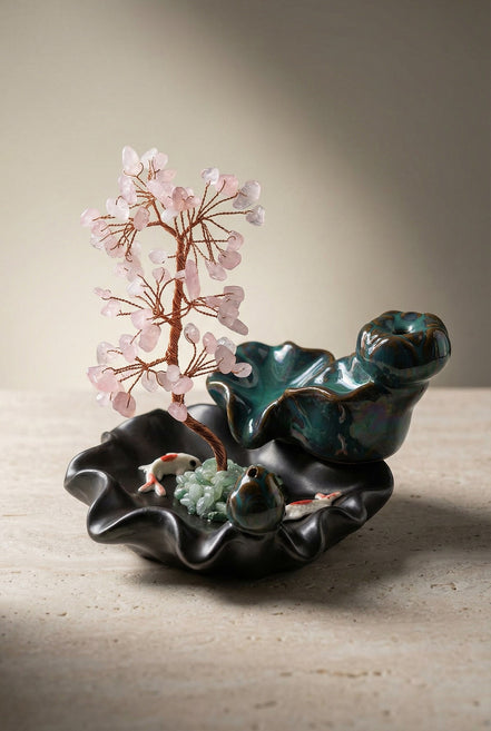 Pembe Kuvars Doğal Taş Ağaçlı Tütsülük – 10 × 13 cm | 322 gr