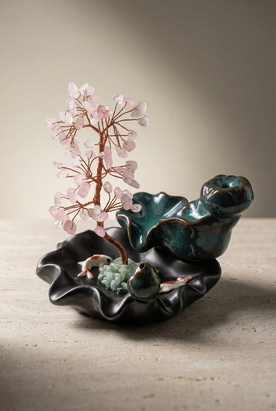 Pembe Kuvars Doğal Taş Ağaçlı Tütsülük – 10 × 13 cm | 322 gr