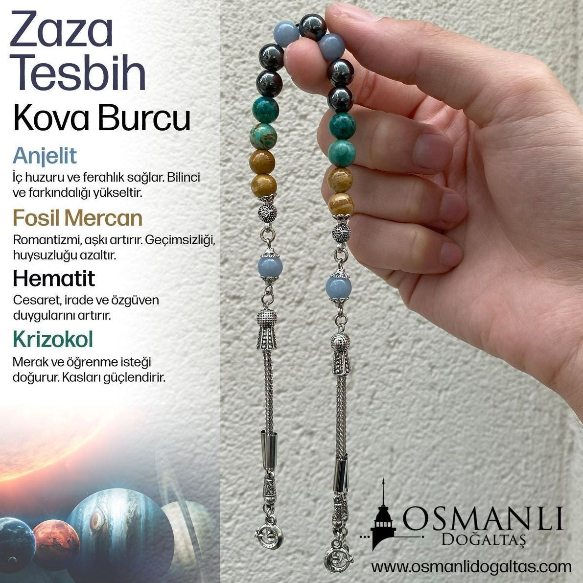 Kova Burcu Zaza Tesbih Doğal Taş Anjelit, Fosil Mercan, Hematit, Krizokol