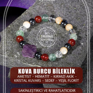 Kova Burcu Bileklik Ametist, Hematit, Kırmızı Akik, Kristal Kuvars, Sedef, Yeşil Florit