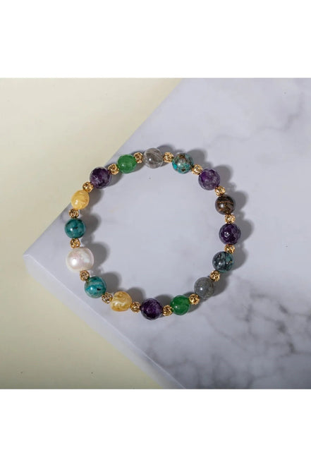 Ametist, Bronzit, İnci, Kehribar, Krizokol, Aventurin ve Labradorit Doğal Taş Bileklik – Unisex Şık Tasarım