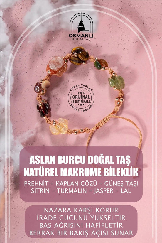 Aslan Burcu Bileklik Bordo Granat Lal, Güneş Taşı, Jasper, Kaplan Gözü, Kehribar, Renkli Turmalin, Sitrin
