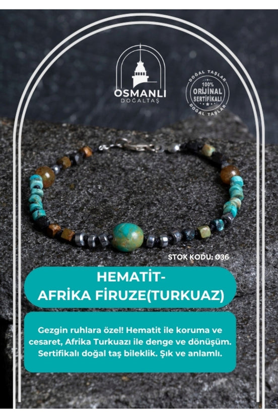 Sertifikalı Hematit-Afrika Furize (Turkuaz) Doğal Taş Bileklik Gümüş Aparatlı SK: 036