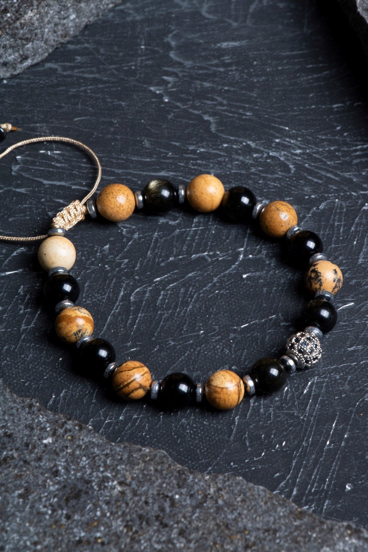 Jasper, Obsidyen, Hematit Doğal Taş Makrome Bileklik