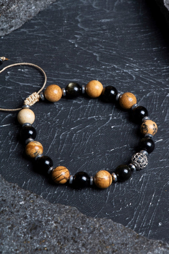 Jasper, Obsidyen, Hematit Doğal Taş Makrome Bileklik