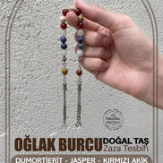 Oğlak Burcu Zaza Tesbih Doğal Taş Dumortierit, Jasper, Kırmızı Akik, Kristal Kuvars