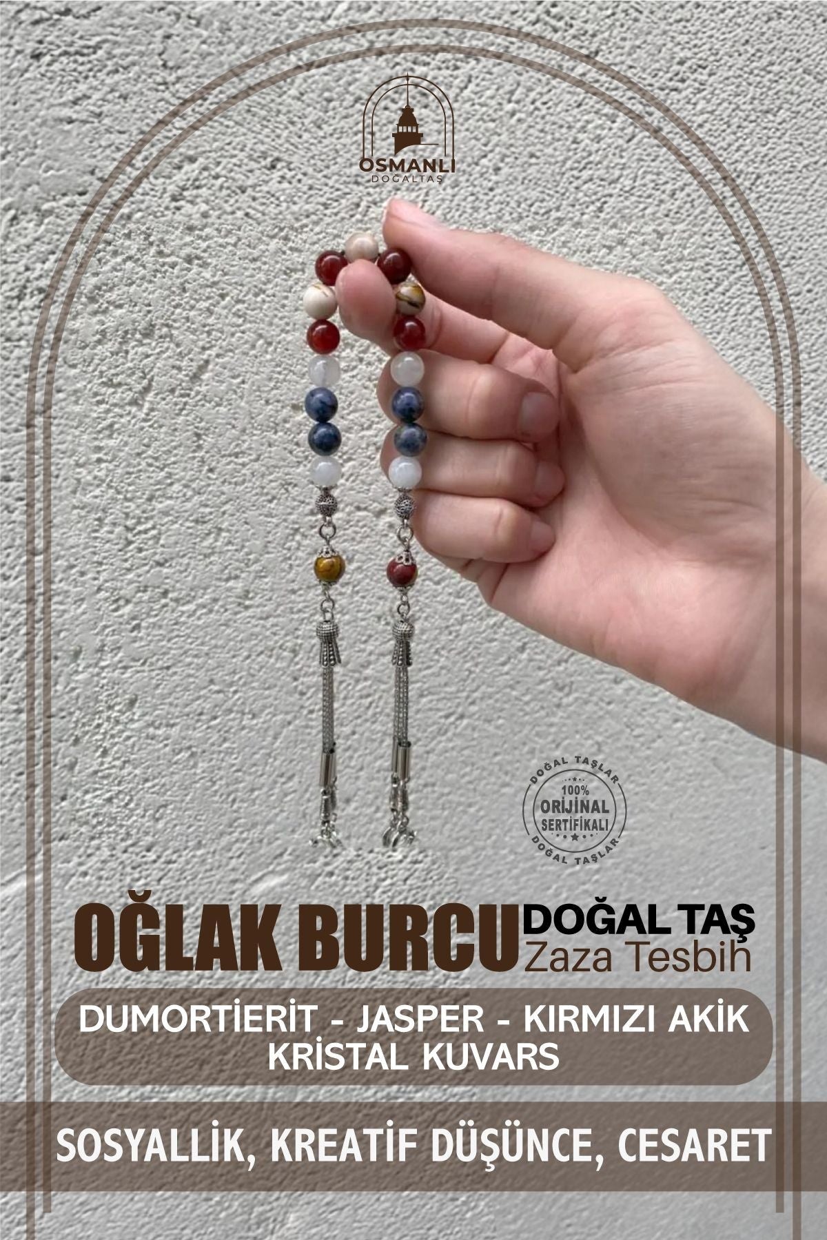 Oğlak Burcu Zaza Tesbih Doğal Taş Dumortierit, Jasper, Kırmızı Akik, Kristal Kuvars