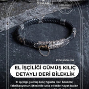 El İşçiliği Gümüş Kılıç Detaylı Deri Bileklik (SK:198)