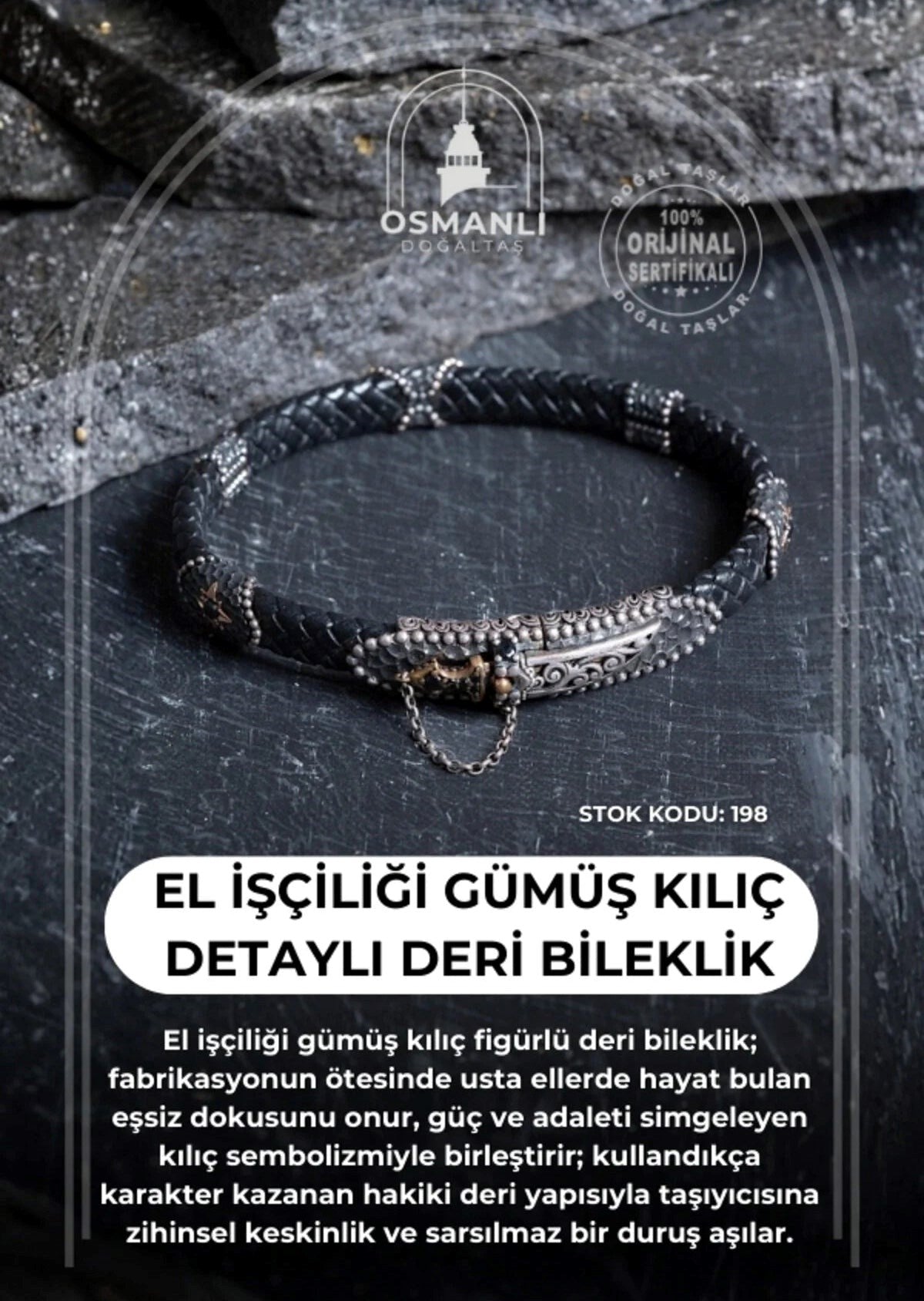 El İşçiliği Gümüş Kılıç Detaylı Deri Bileklik (SK:198)