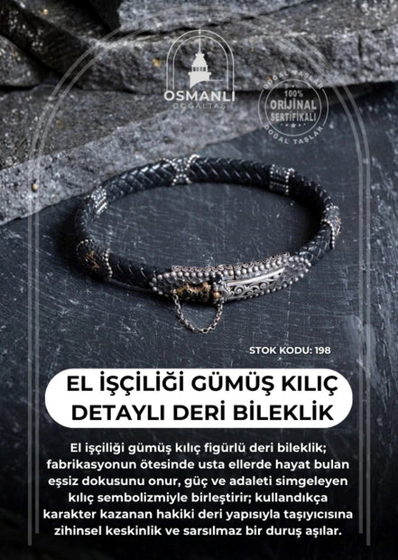 El İşçiliği Gümüş Kılıç Detaylı Deri Bileklik (SK:198)