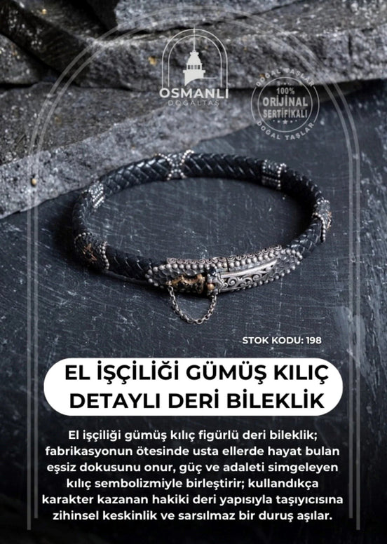 El İşçiliği Gümüş Kılıç Detaylı Deri Bileklik (SK:198)