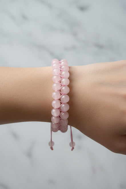 Pembe Kuvars (Gül Kuvars) 8 mm Çift Sıra Makrome Doğal Taş Bileklik
