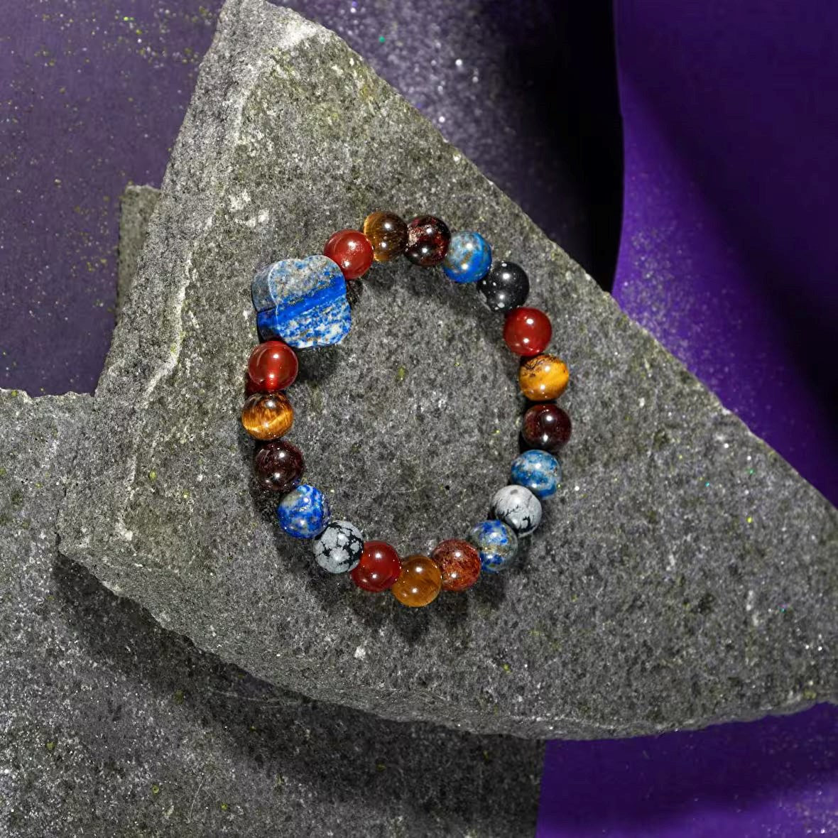 Oğlak Burcu Bileklik Bordo Granat Lal, Kaplan Gözü, Karlı Obsidyen, Kırmızı Akik, Lapis Lazuli