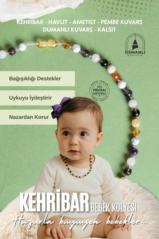 Bebek Kehribar Kalsit-Dumanlı Kuvars-Pembe Kuvars-Kehribar-Havlit-Ametist