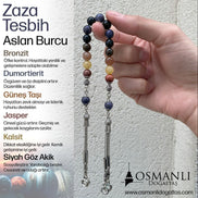 Aslan Burcu Zaza Tesbih Doğal Taş Bronzit, Dumortierit, Güneş Taşı, Jasper, Kalsit, Siyah Göz Akik