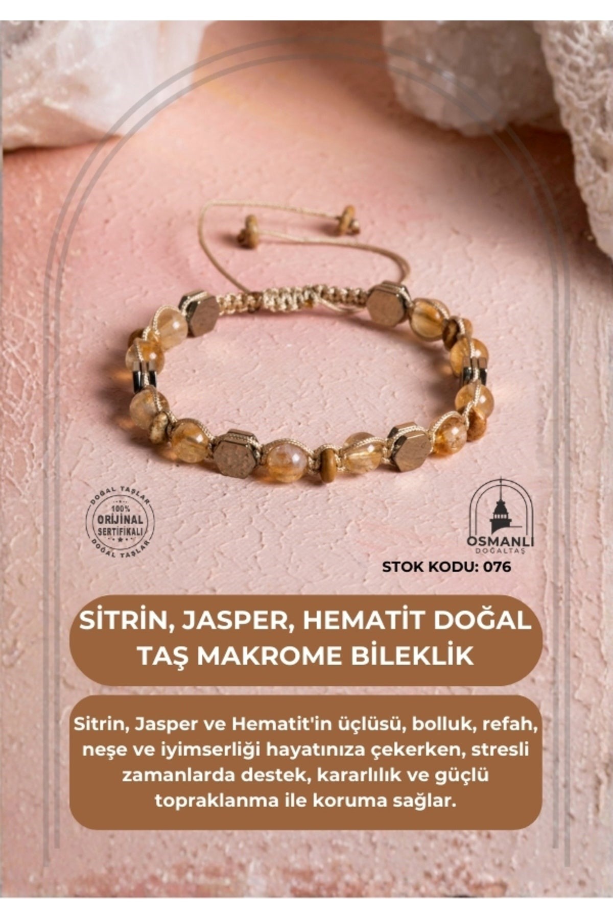 Sitrin, Jasper, Hematit, Doğal Taş Makrome Bileklik (SK:076)