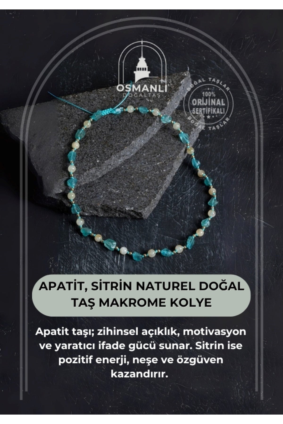 Sertifikalı Apatit, Sitrin Naturel Doğal Taş Makrome Kolye