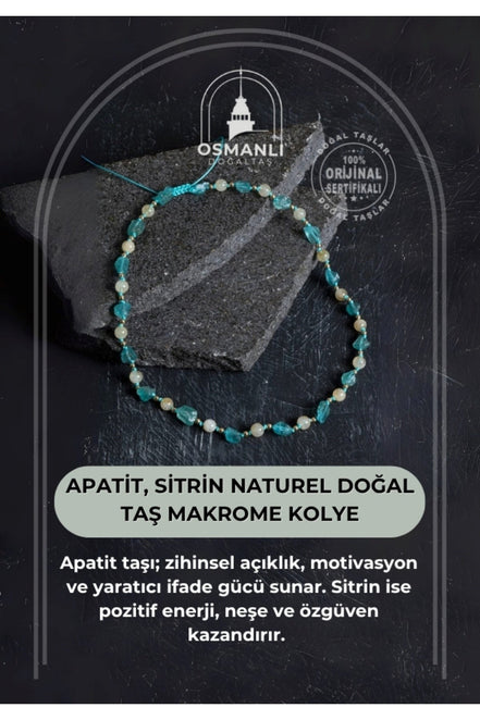 Sertifikalı Apatit, Sitrin Naturel Doğal Taş Makrome Kolye