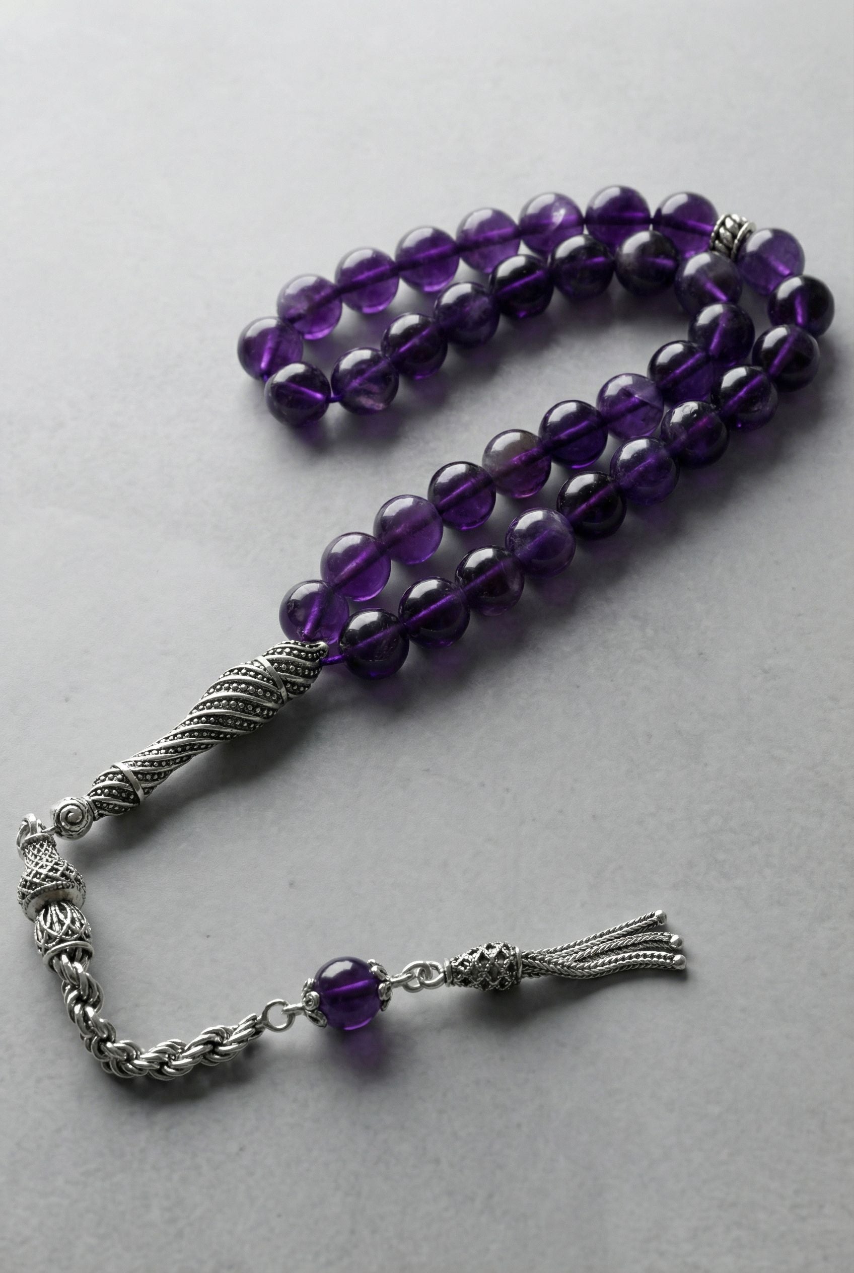 Ametist Doğal Taş Tesbih – 925 Ayar Gümüş – 8 mm Küre Kesim