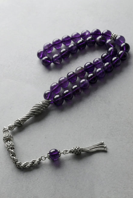 Ametist Doğal Taş Tesbih – 925 Ayar Gümüş – 8 mm Küre Kesim