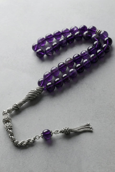 Ametist Doğal Taş Tesbih – 925 Ayar Gümüş – 8 mm Küre Kesim