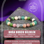 Boğa Burcu Bileklik Güneş Taşı, Krizokol, Obsidyen, Rodonit, Sedef, Yeşil Aventurin, Yeşim