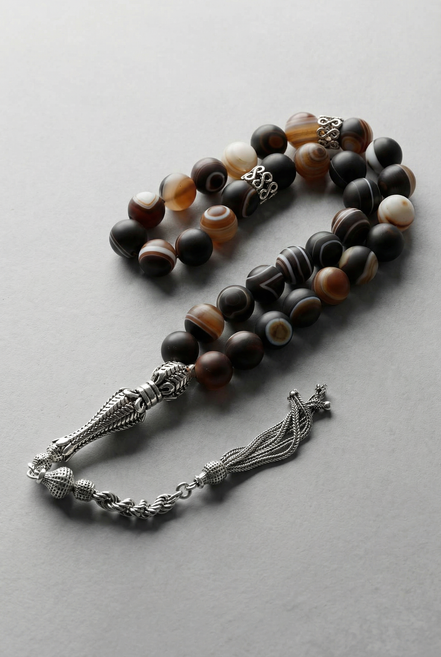 Göz Akik Doğal Taş Tesbih – 925 Ayar Gümüş – 10 mm Küre Kesim