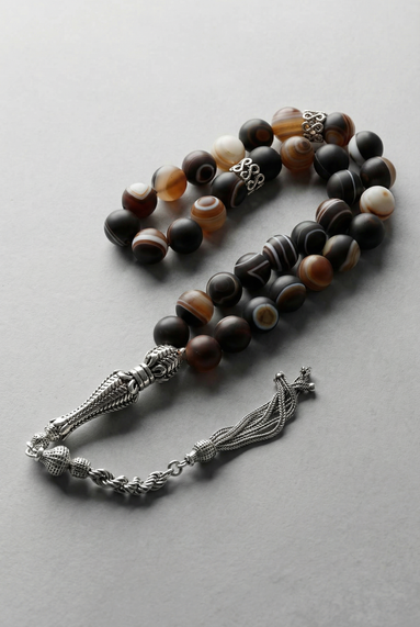 Göz Akik Doğal Taş Tesbih – 925 Ayar Gümüş – 10 mm Küre Kesim