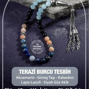 Terazi Burcu Tesbih Akuamarin, Güneş Taşı, Kalsedon, Lapis Lazuli, Siyah Göz Akik