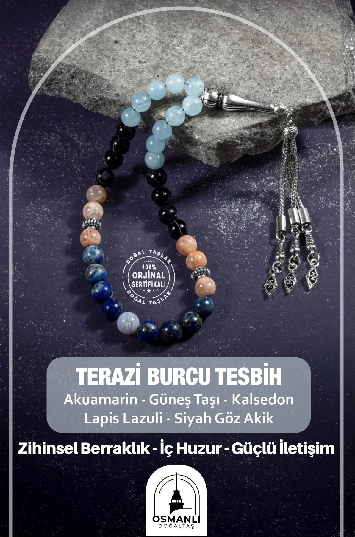 Terazi Burcu Tesbih Akuamarin, Güneş Taşı, Kalsedon, Lapis Lazuli, Siyah Göz Akik