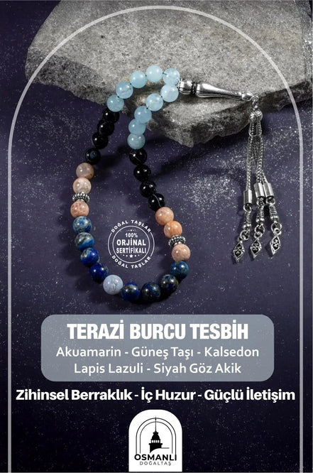 Terazi Burcu Tesbih Akuamarin, Güneş Taşı, Kalsedon, Lapis Lazuli, Siyah Göz Akik