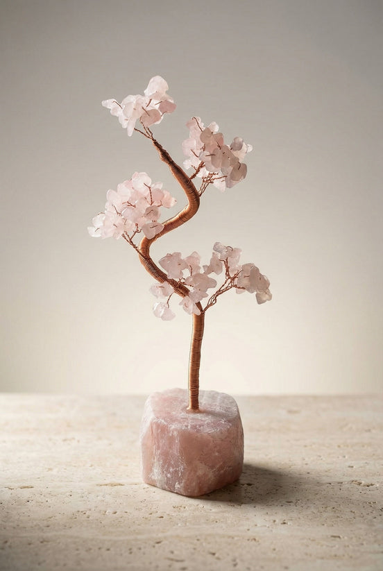 Pembe Kuvars Doğal Taş Tel Sarmalı Ağaç – 5,2 × 22 cm | 224,8 gr