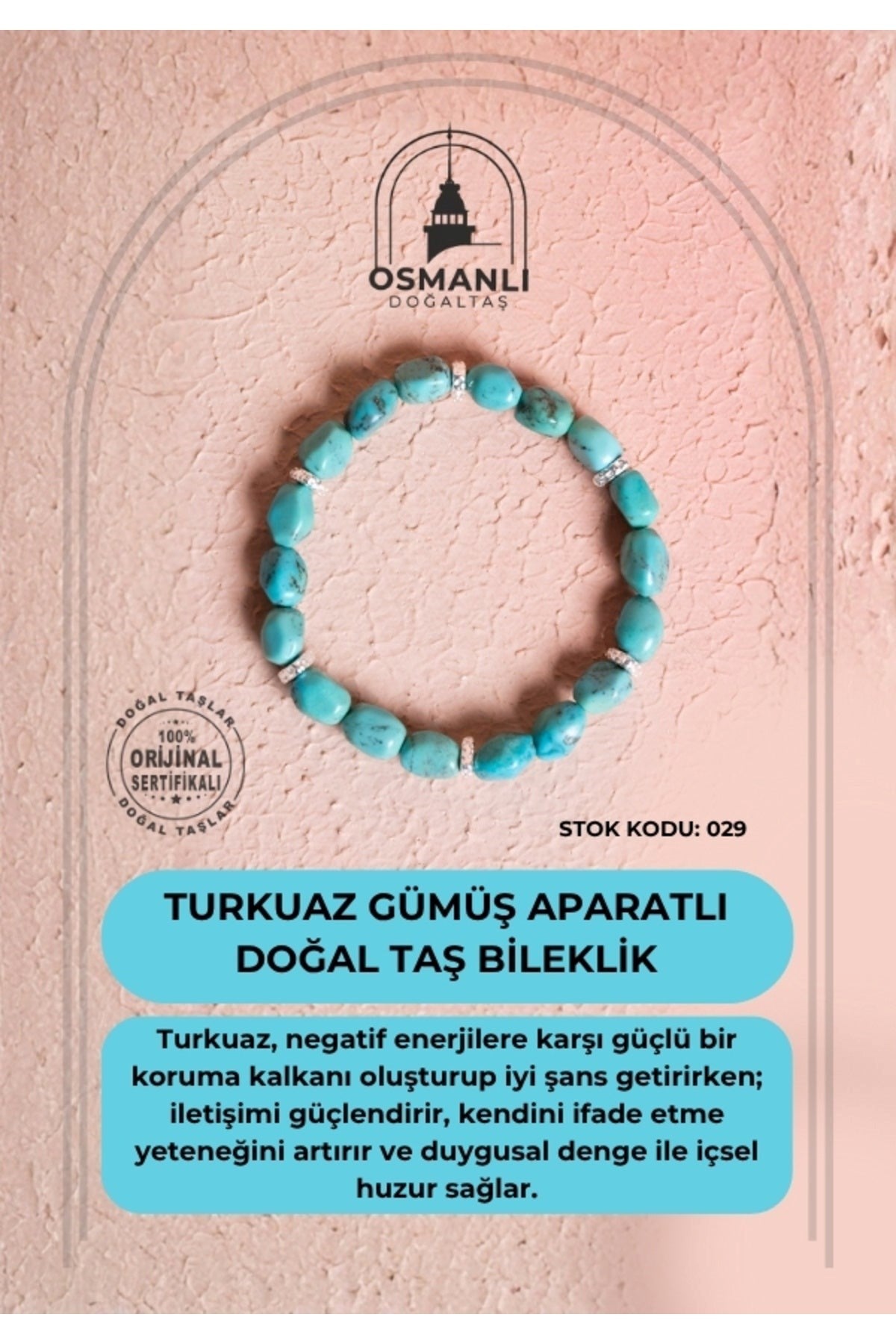 Sertifikalı Gümüş Aparatlı Fieruze(Turkuaz) Doğal Taş Bileklik (SK:029)