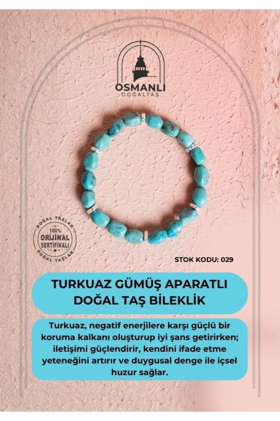 Sertifikalı Gümüş Aparatlı Fieruze(Turkuaz) Doğal Taş Bileklik (SK:029)