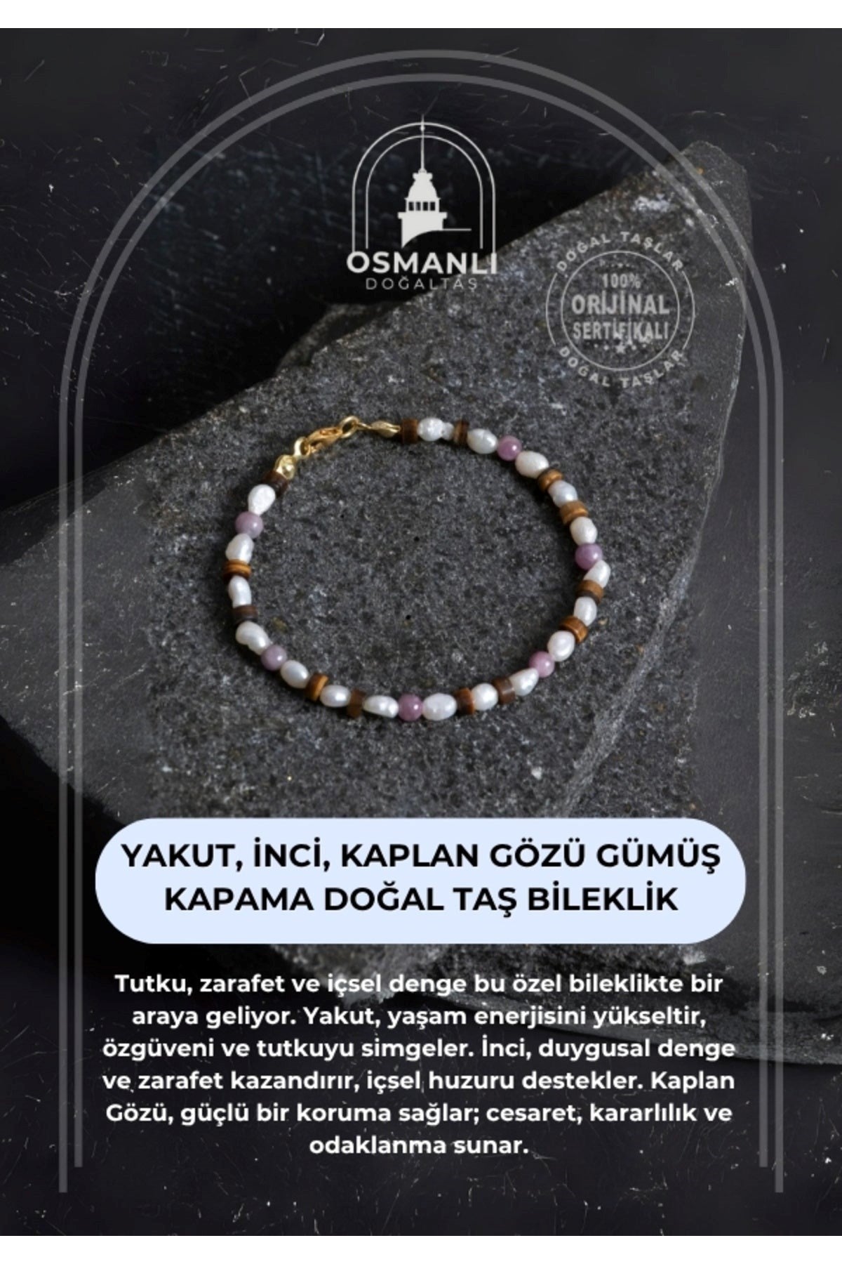 Yakut, İnci, Kaplan Gözü Gümüş Kapama Doğal Taş Bileklik