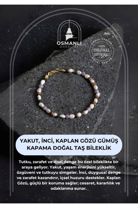Yakut, İnci, Kaplan Gözü Gümüş Kapama Doğal Taş Bileklik