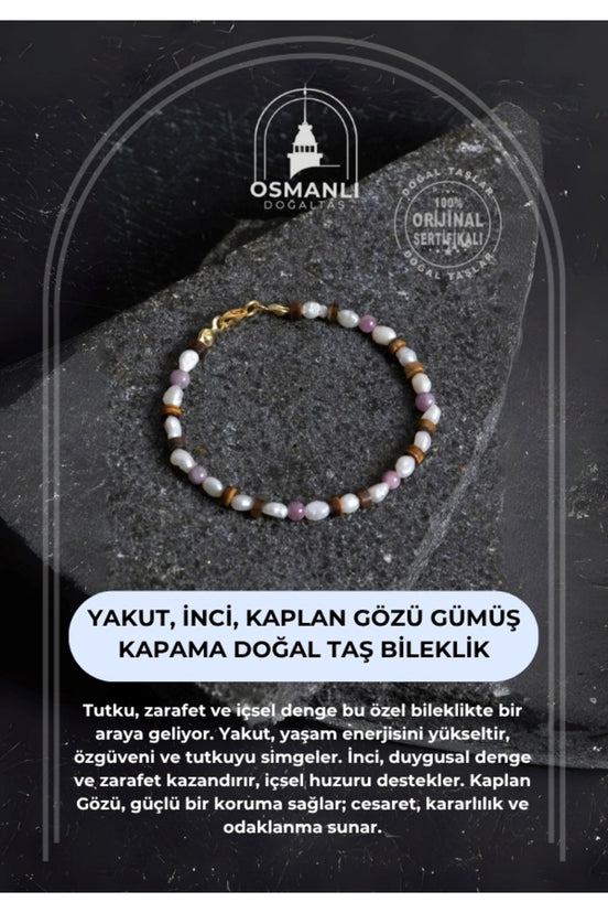 Yakut, İnci, Kaplan Gözü Gümüş Kapama Doğal Taş Bileklik