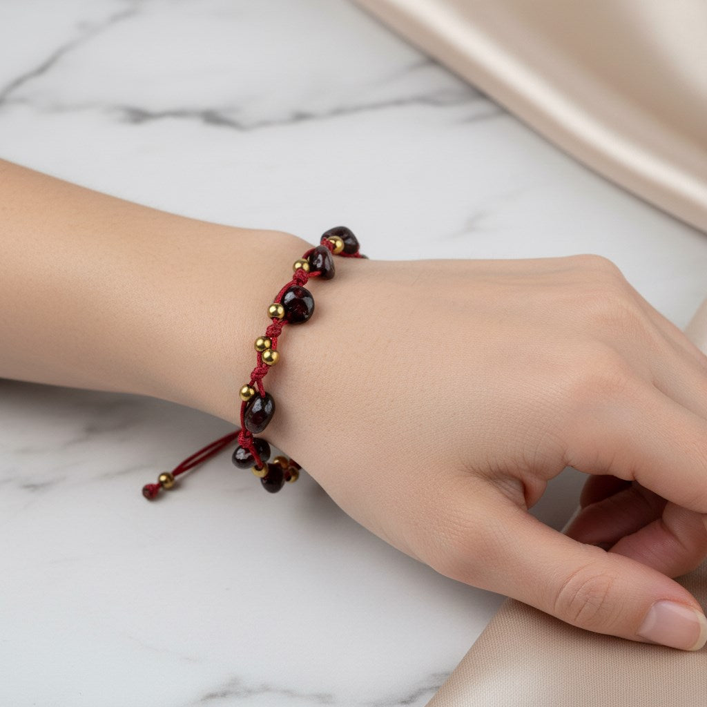 Bordo Granat Lal Natürel Kesim Doğal Taş Makrome Bileklik – Unisex El İşçiliği