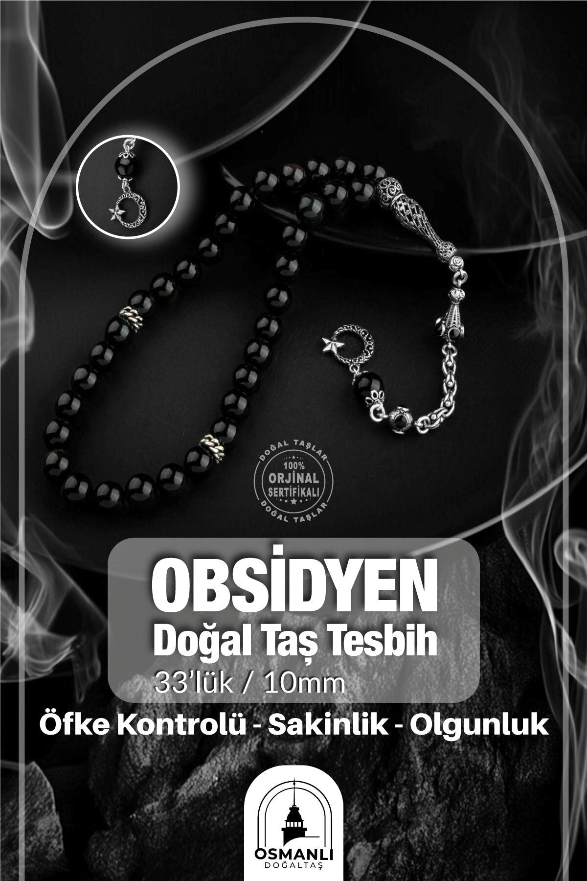 Obsidyen Doğal Taş 8mm Gümüş İmameli Tesbih