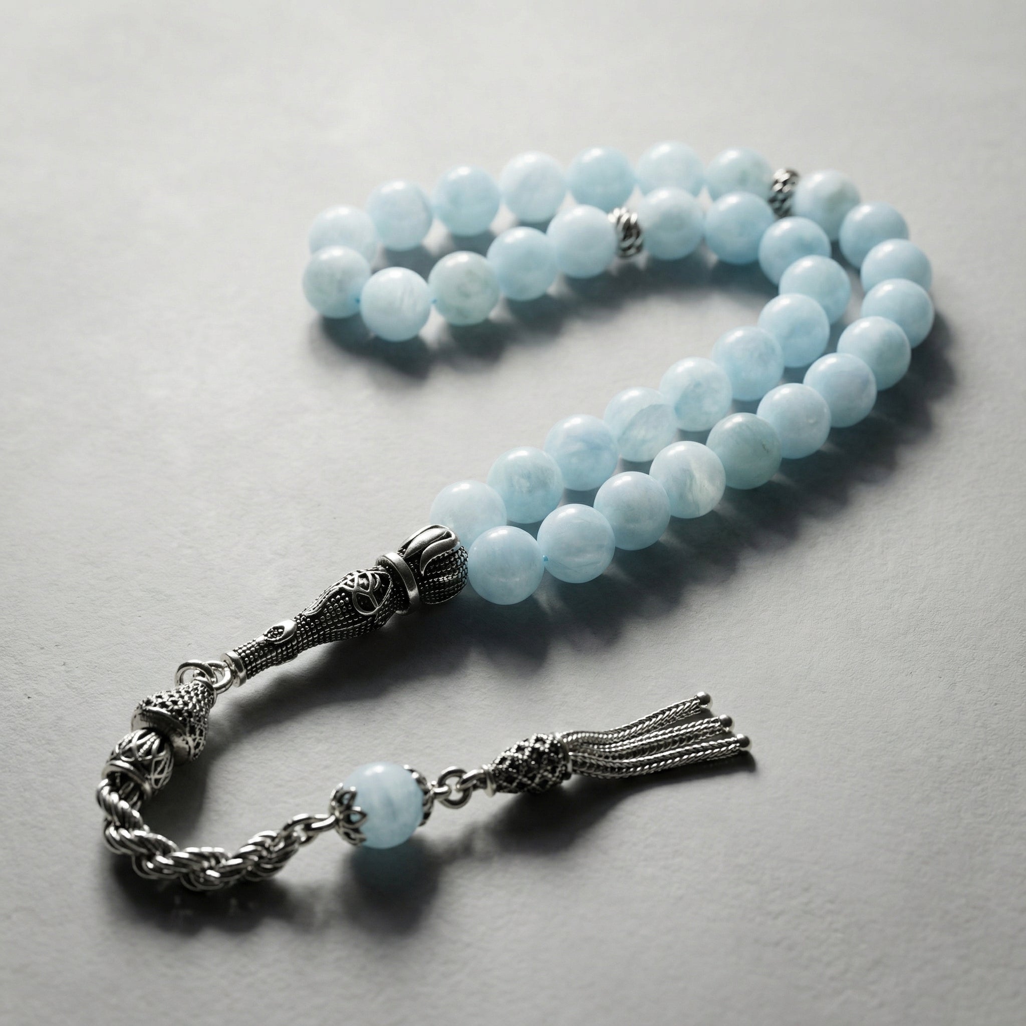 Akuamarin Doğal Taş Tesbih – 925 Ayar Gümüş – 8 mm Küre Kesim