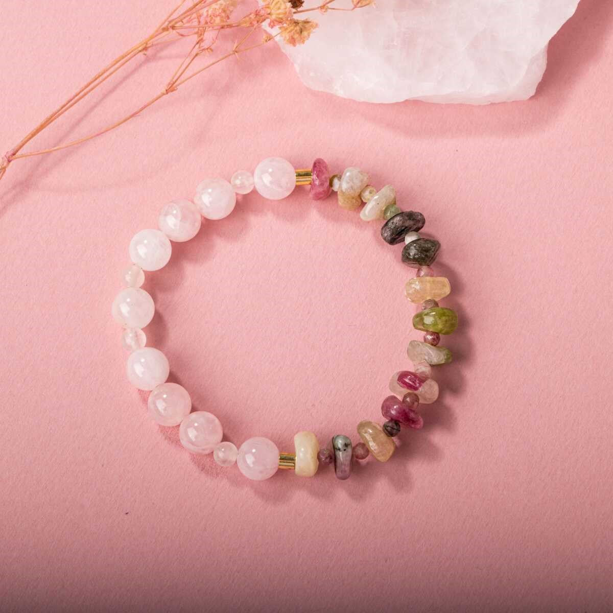 Renkli Turmalin-Pembe Kuvars Doğal Taş Bileklik