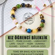 Kız Öğrenci Doğal Taş Bileklik-Havlit-Pembe Kuvars-Labradorit-Lapis Lazuli-Kalsit-Yeşim-Dumanlı Kuvars-Sodalit-Kaplan Gözü