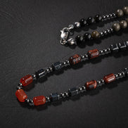 Obsidyen, Pirit, Dumanlı Kuvars, Jasper, Bronzit, Kaplan Gözü, Kırmızı Akik, Lal Taşı & Hematit Doğal Taş Erkek Tasarım Kolye – Özel Tasarım (70 cm)