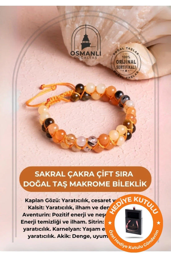 Sertifikalı Sakral Çakra Çift Sıra Doğal Taş Makrome Bileklik